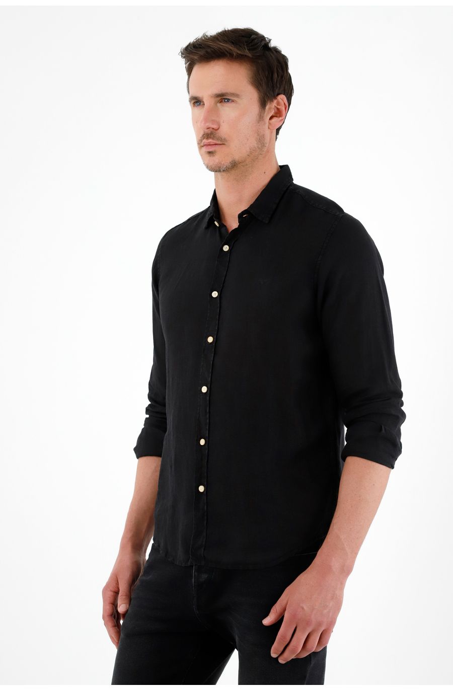 Camisa 100% lino manga larga negra para hombre