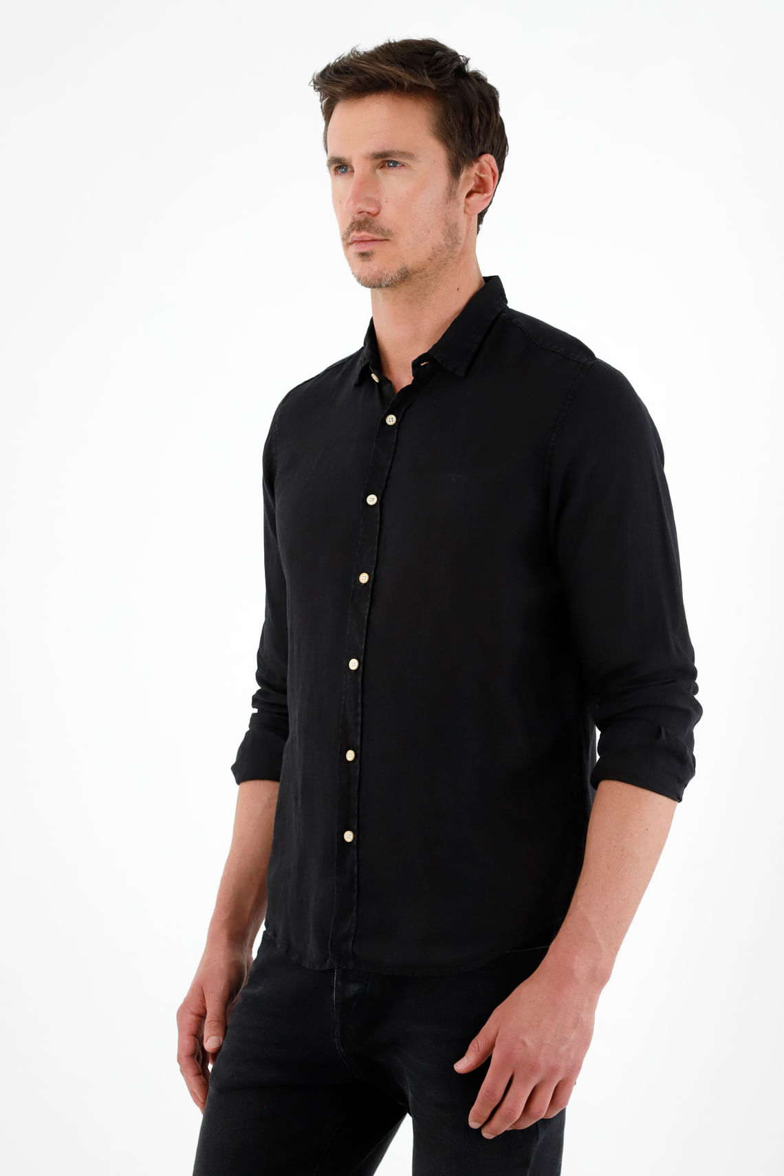 Camisa 100% lino manga larga negra para hombre