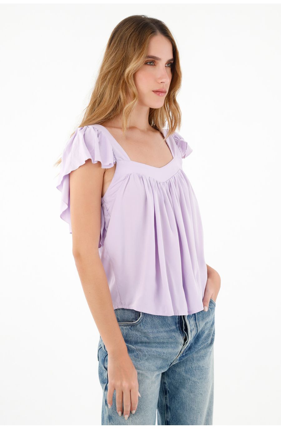 Camisa morada de escote recto en chalis para mujer
