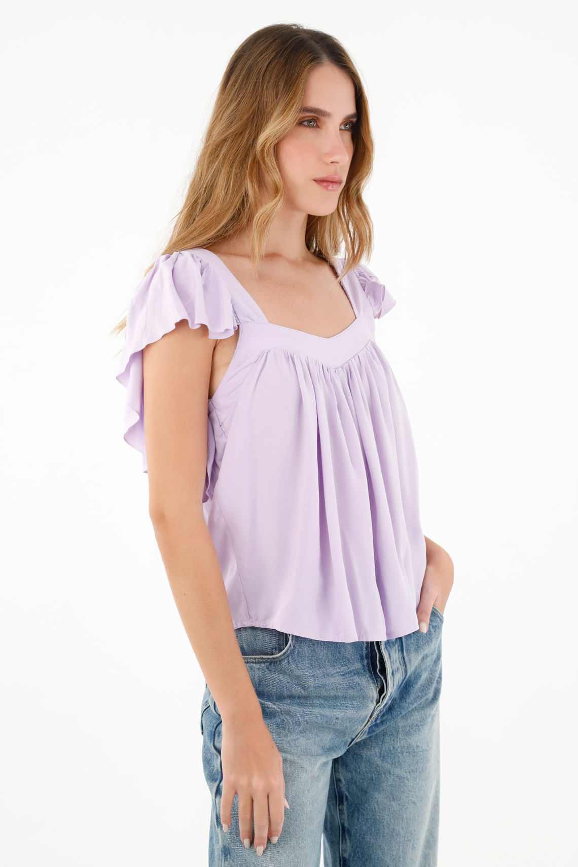 Camisa morada de escote recto en chalis para mujer