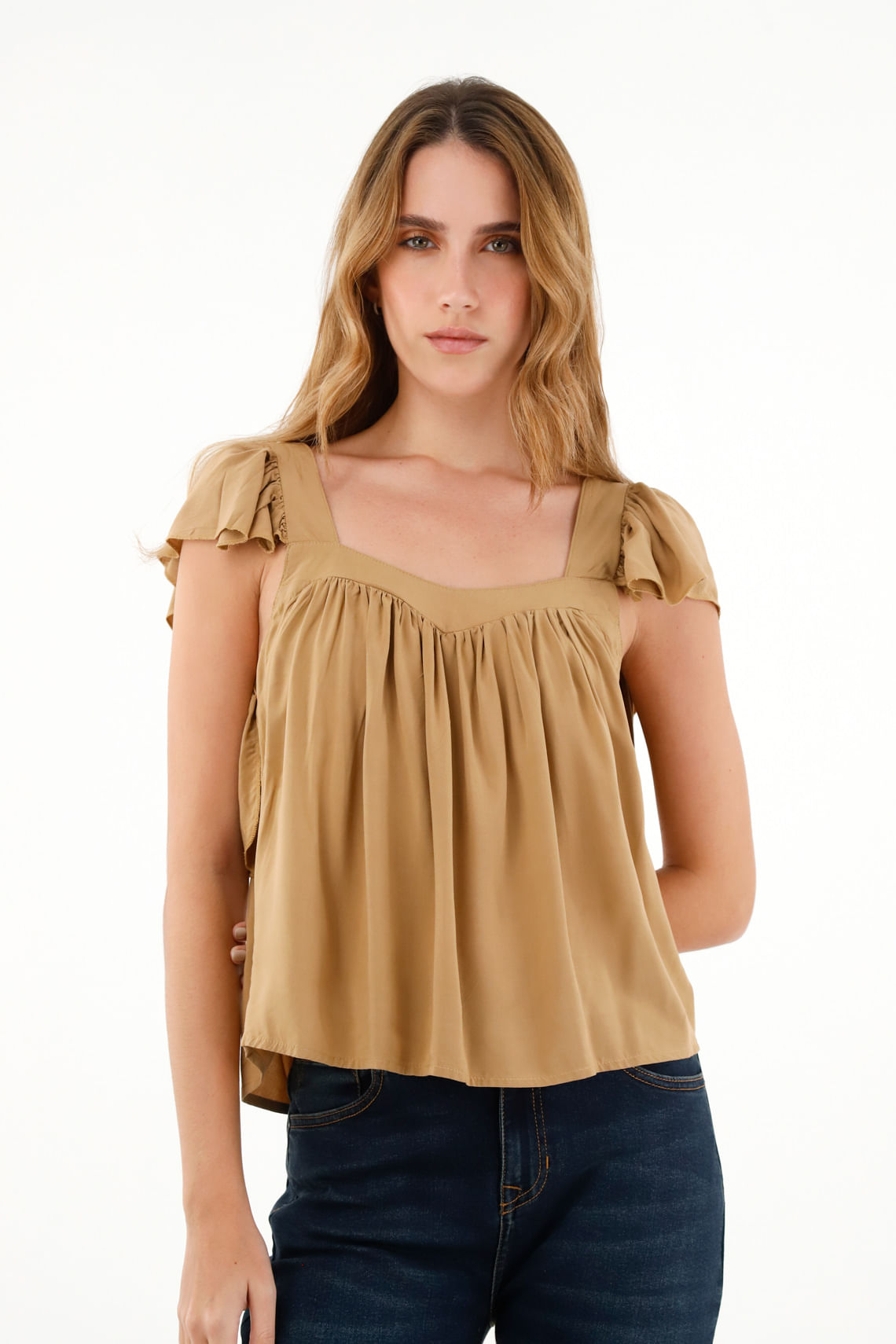 Camisa café de escote recto en chalis para mujer