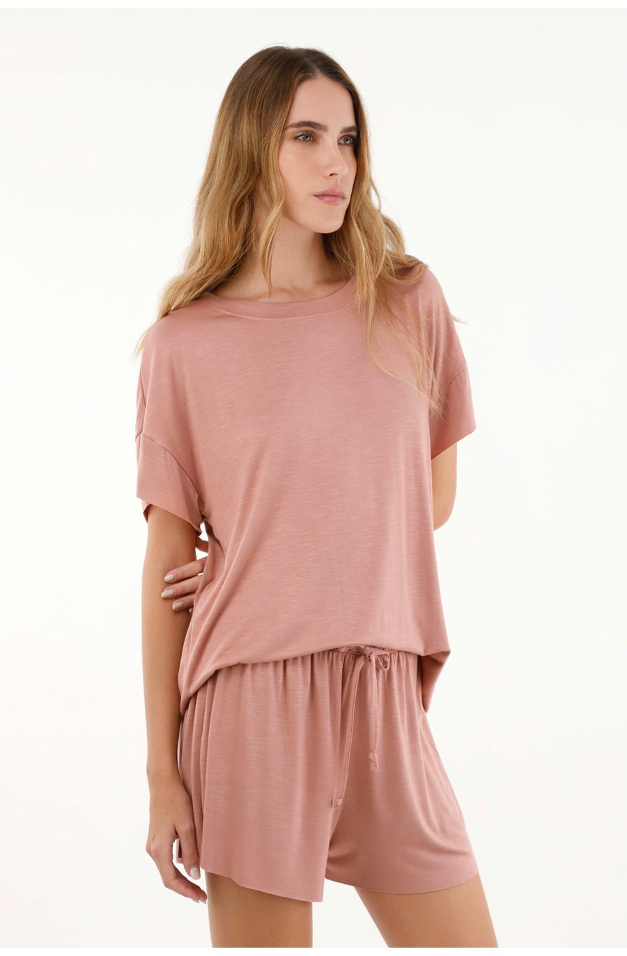 Pijama de short en tejido de punto liviano rosada para mujer