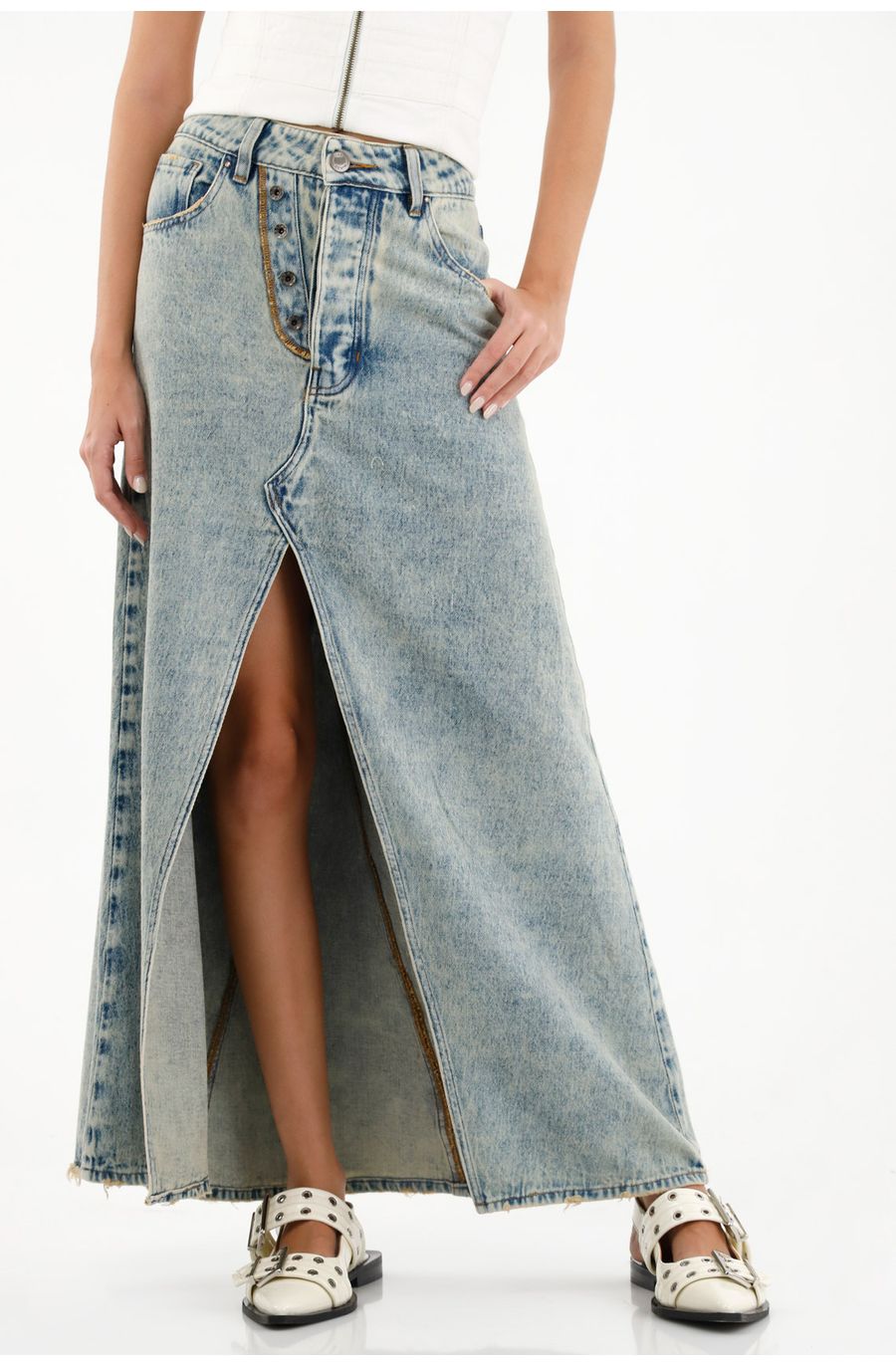 Falda larga con silueta tipo A en denim azul para mujer