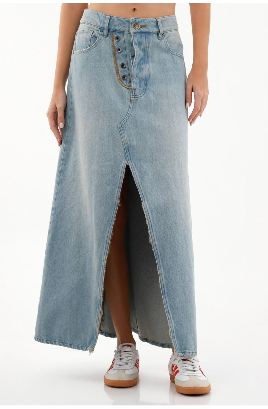 Falda silueta tipo A larga en denim azul para mujer