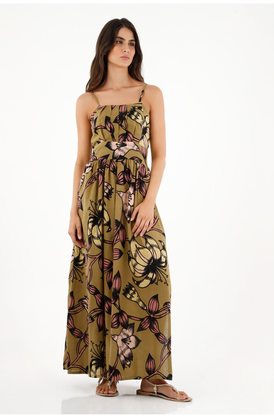 Vestido largo con fajón en cintura para mujer