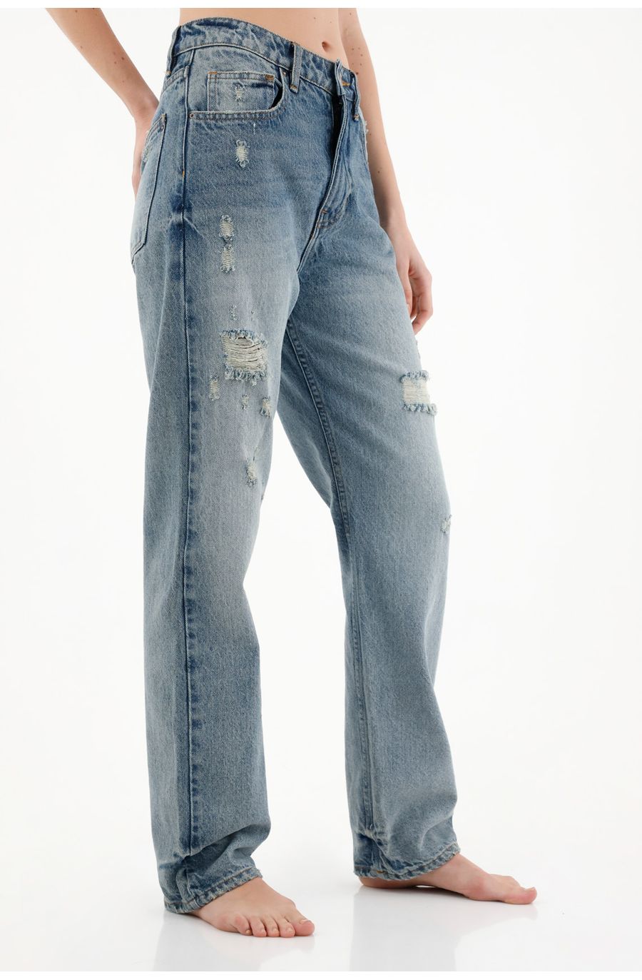 Jean Recto de tiro alto con desgastes y rotos para mujer