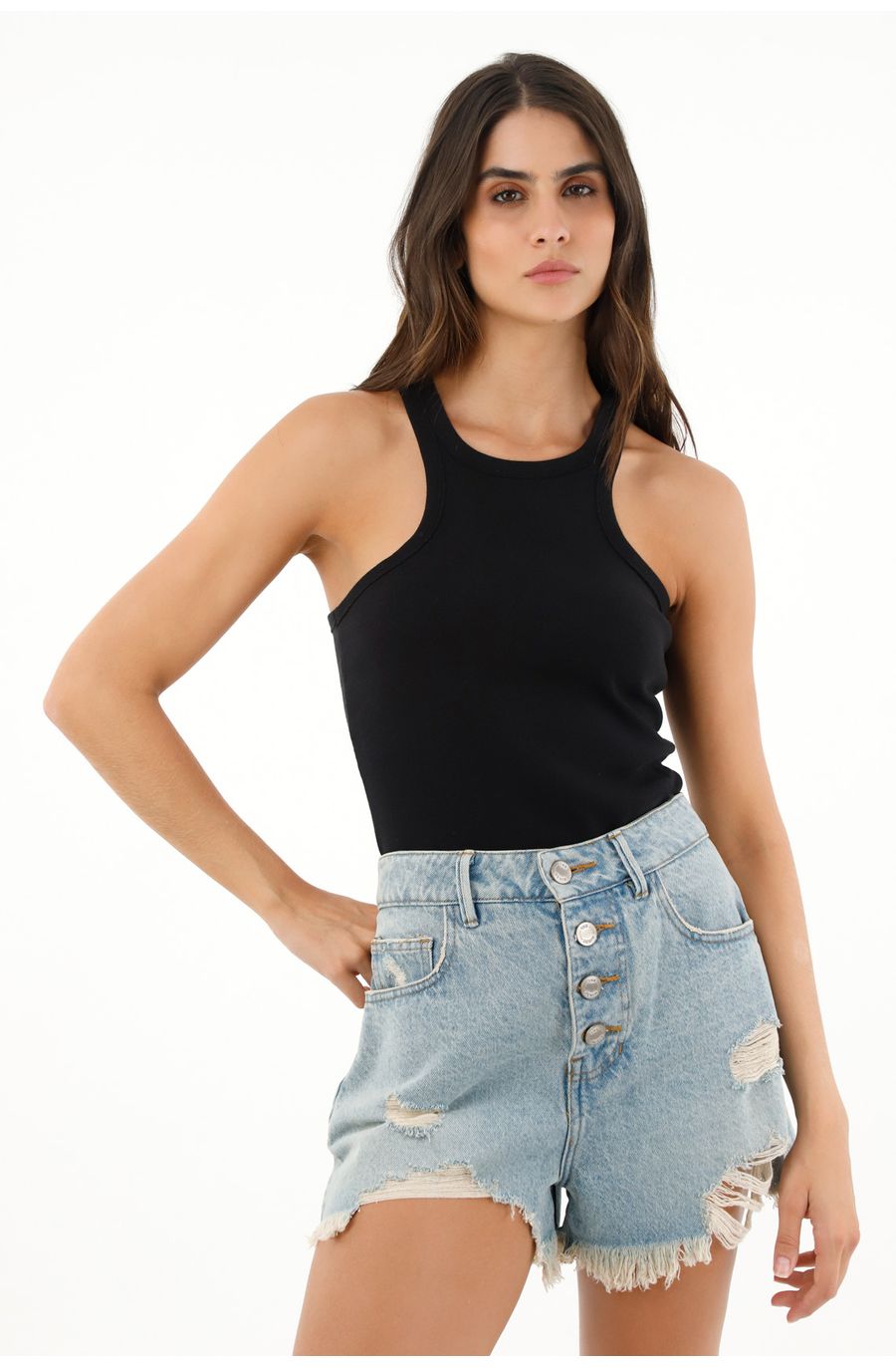 Camiseta negra cuello halter ajustada para mujer