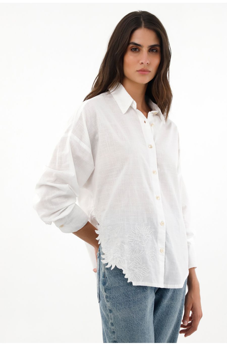 Camisa crudo de cuello clásico en 100% algodón para mujer
