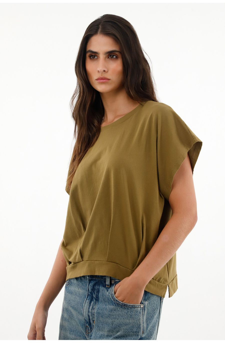 Camiseta verde en 100% algodón con recogido en frente para mujer