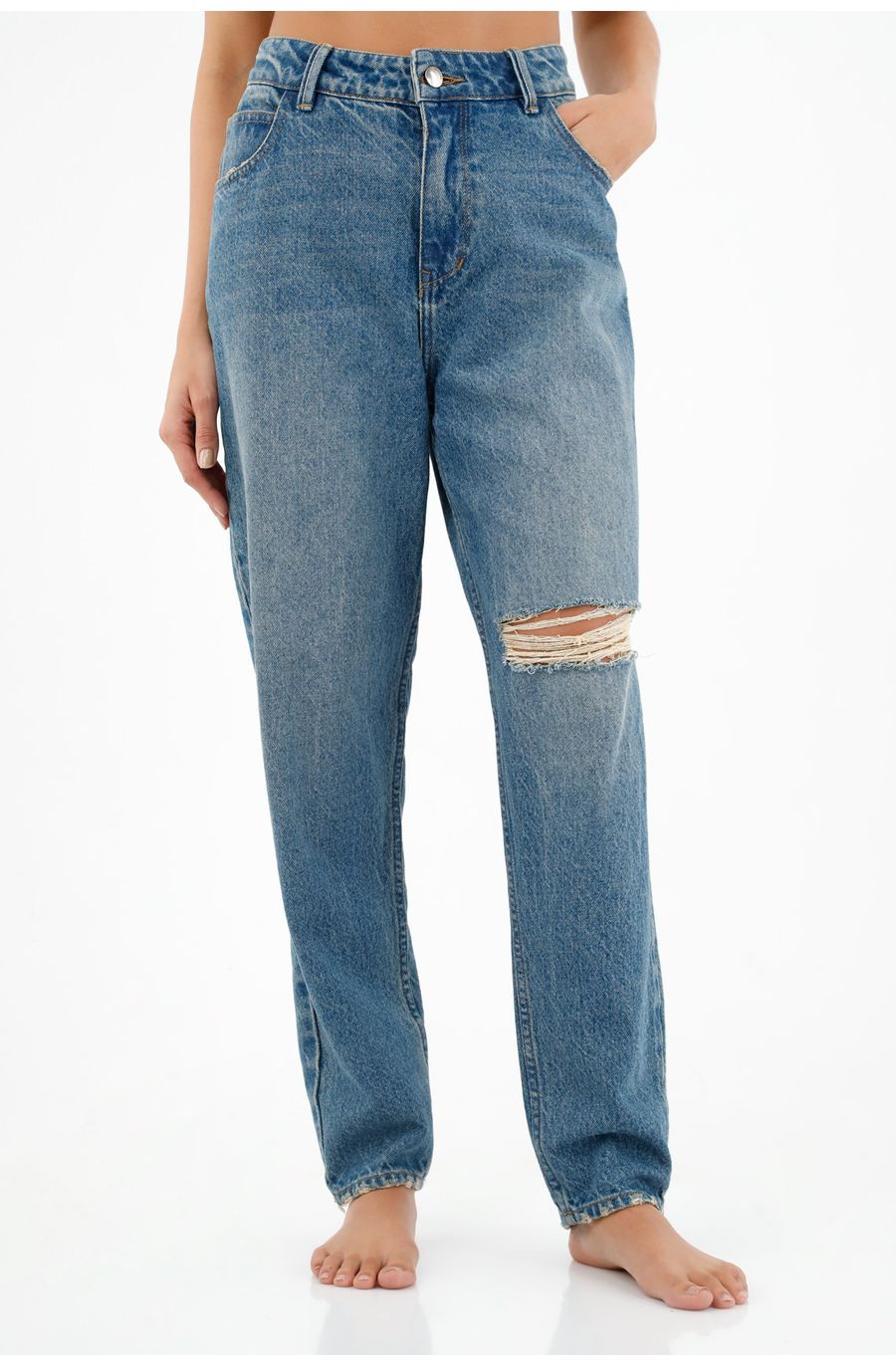 Jean Mom con roto en rodilla para mujer