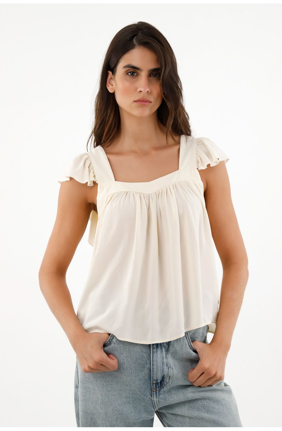 Camisa crudo de escote recto en chalis para mujer