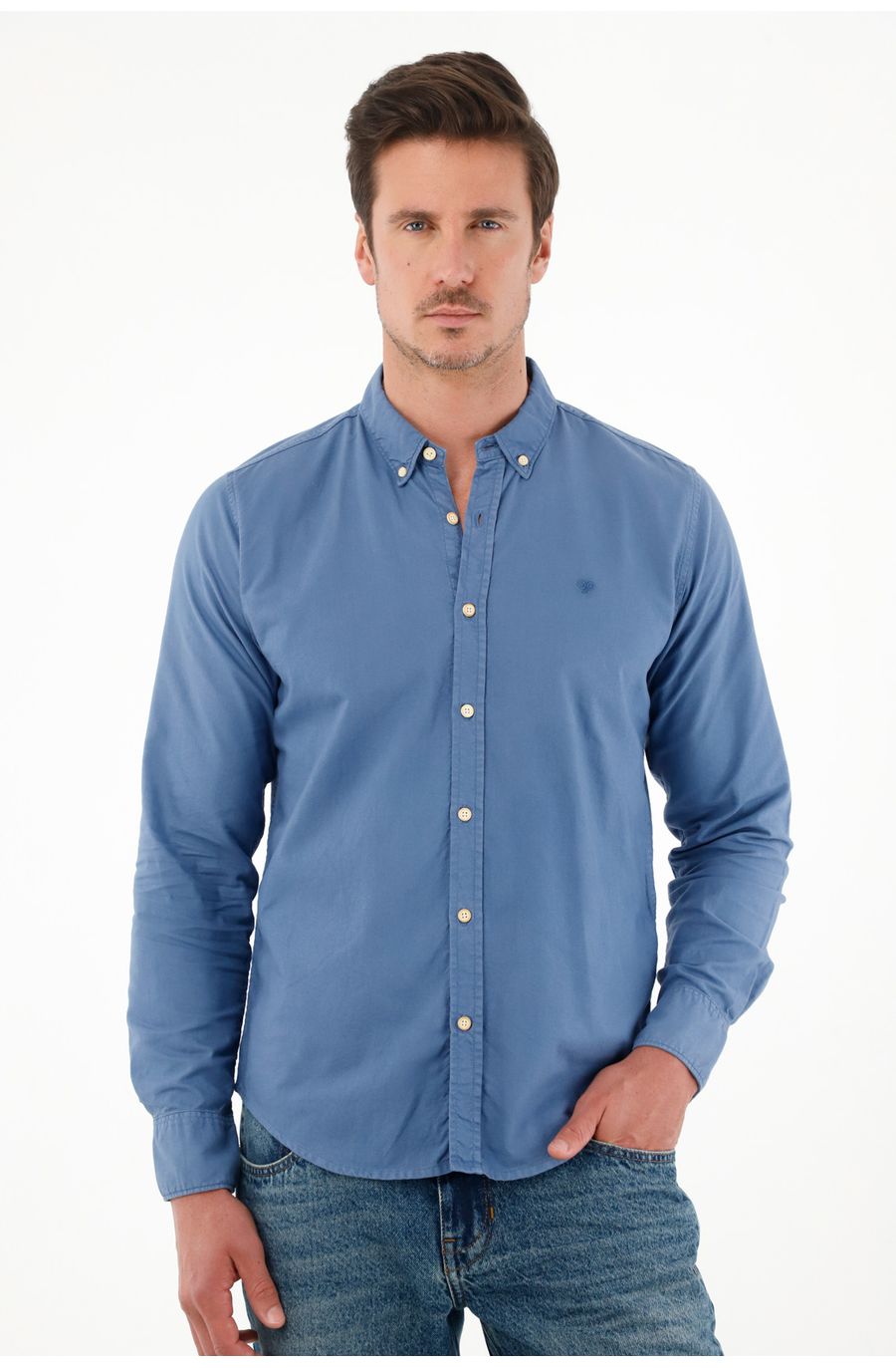 Camisa de silueta clásica manga larga azul para hombre