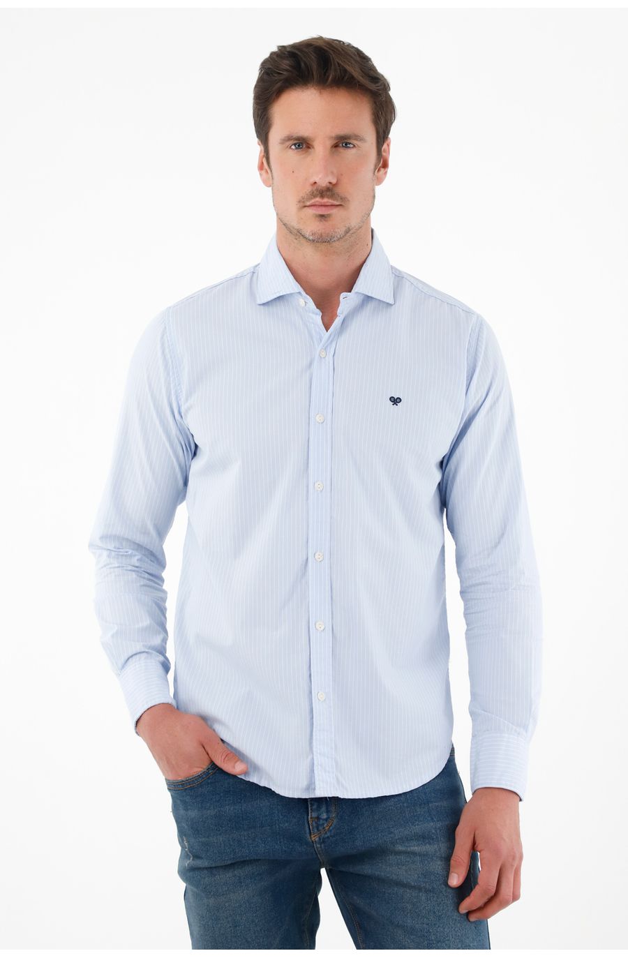 Camisa en popelina manga larga azul para hombre