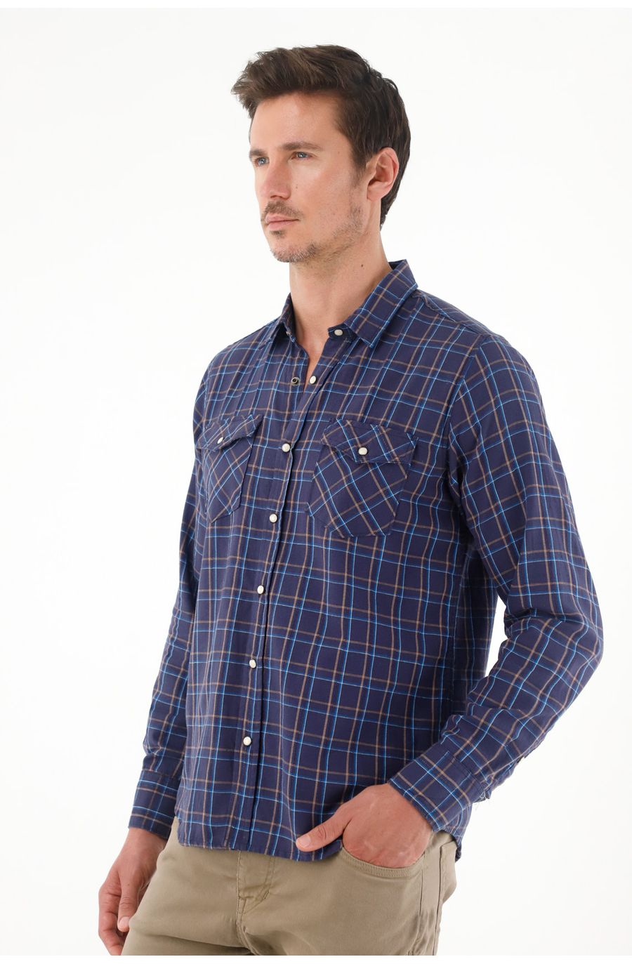 Camisa a cuadros cuello clásico azul para hombre