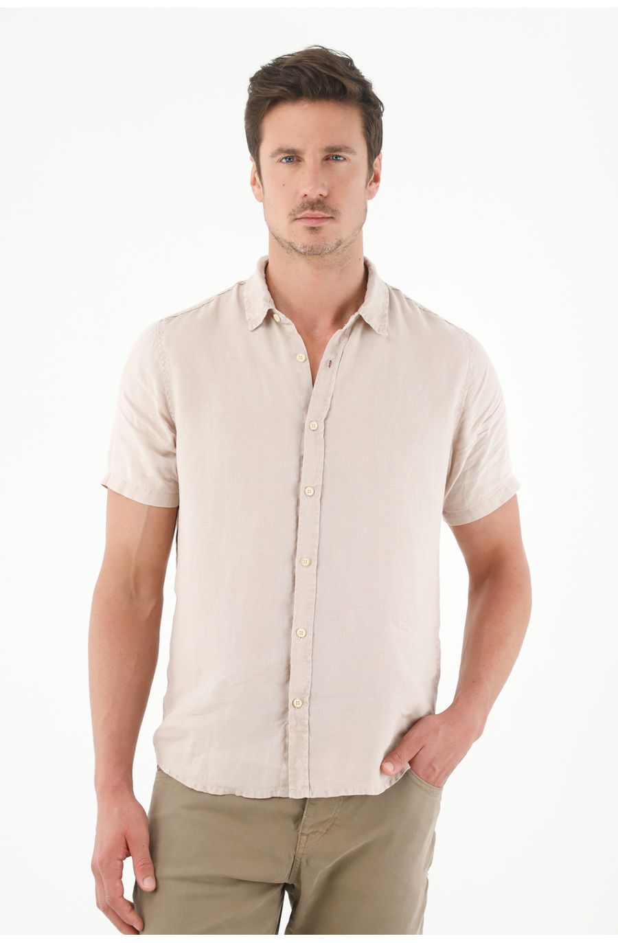 Camisa en 100% lino manga corta café para hombre