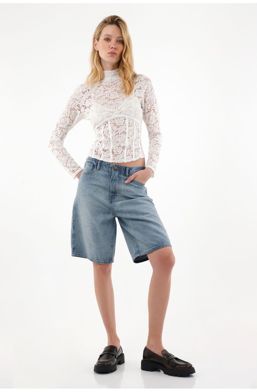 Camiseta crudo manga larga con encaje para mujer