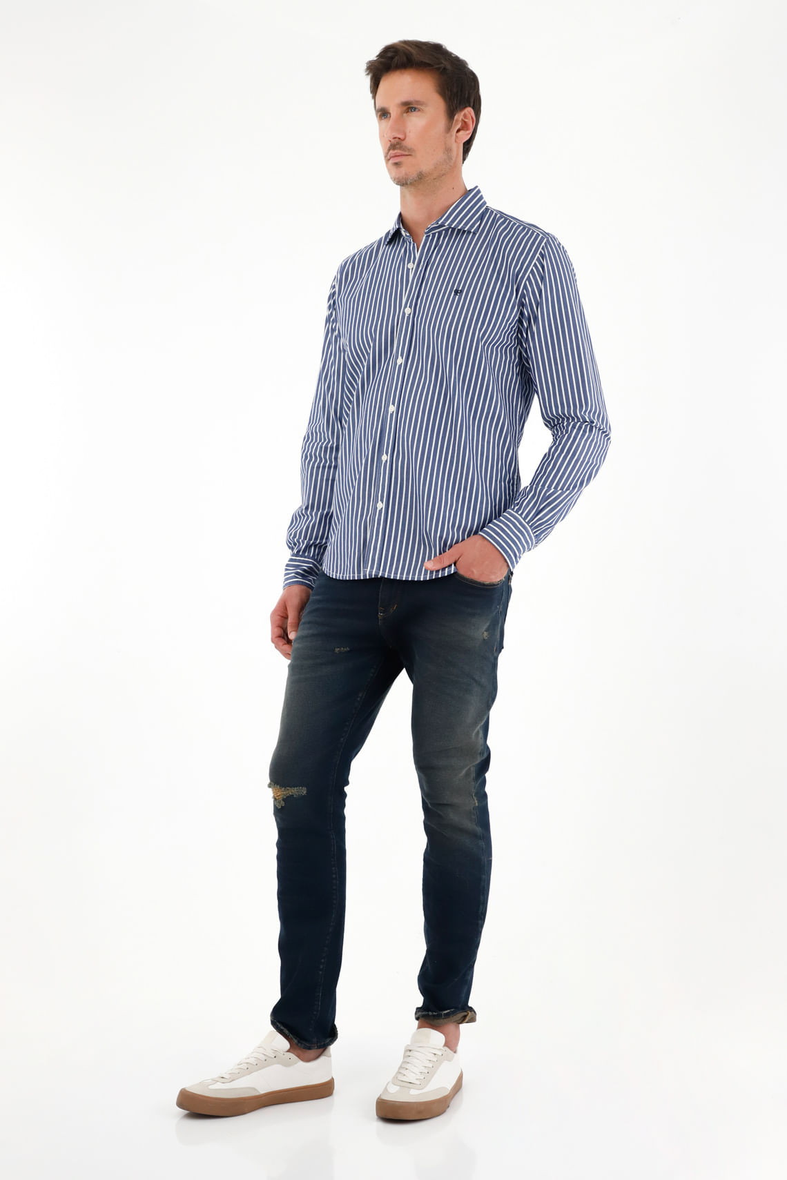 Camisa azul a rayas 100% algodón para hombre