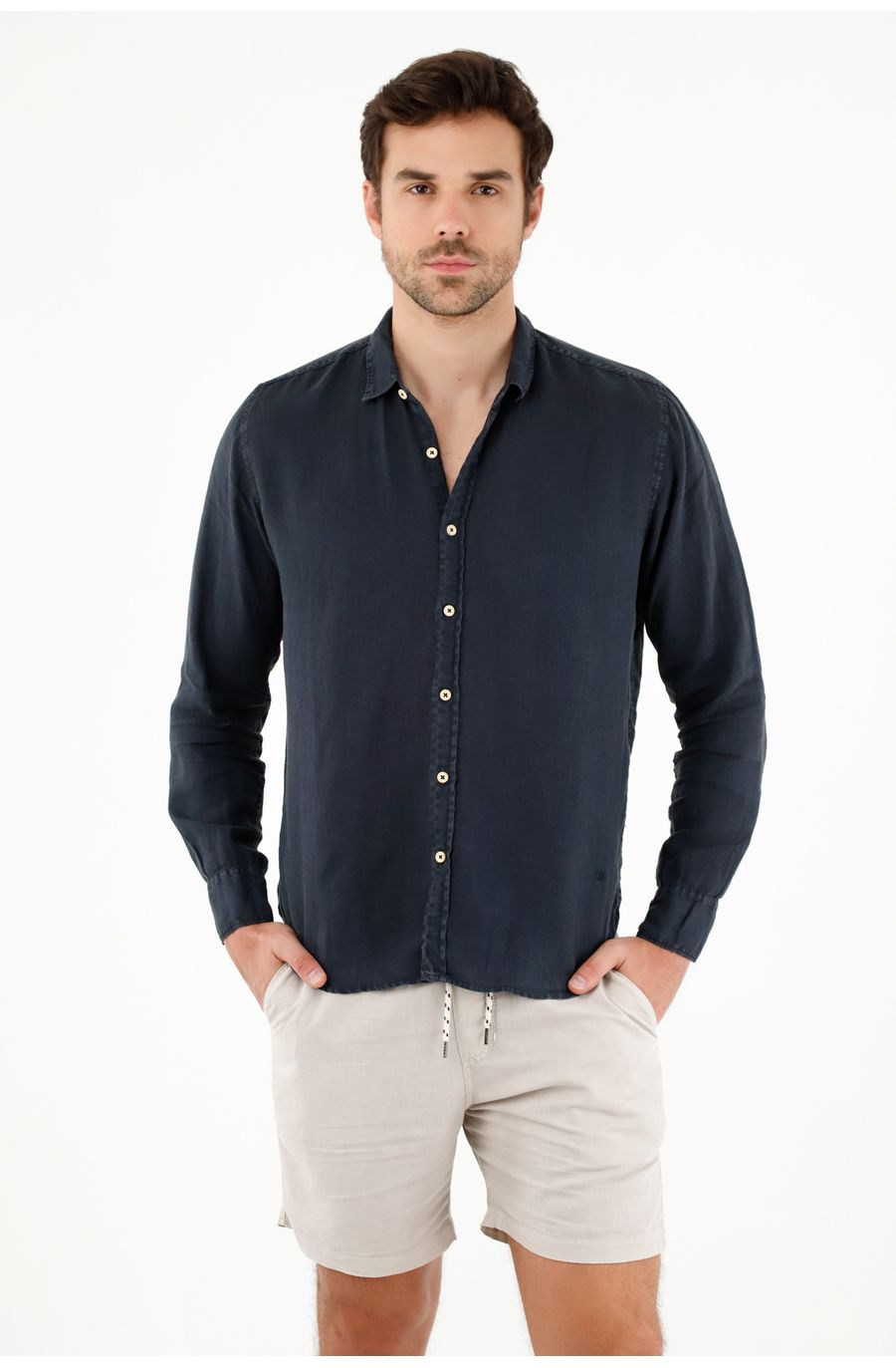 Camisa manga larga azul 100% lino para hombre