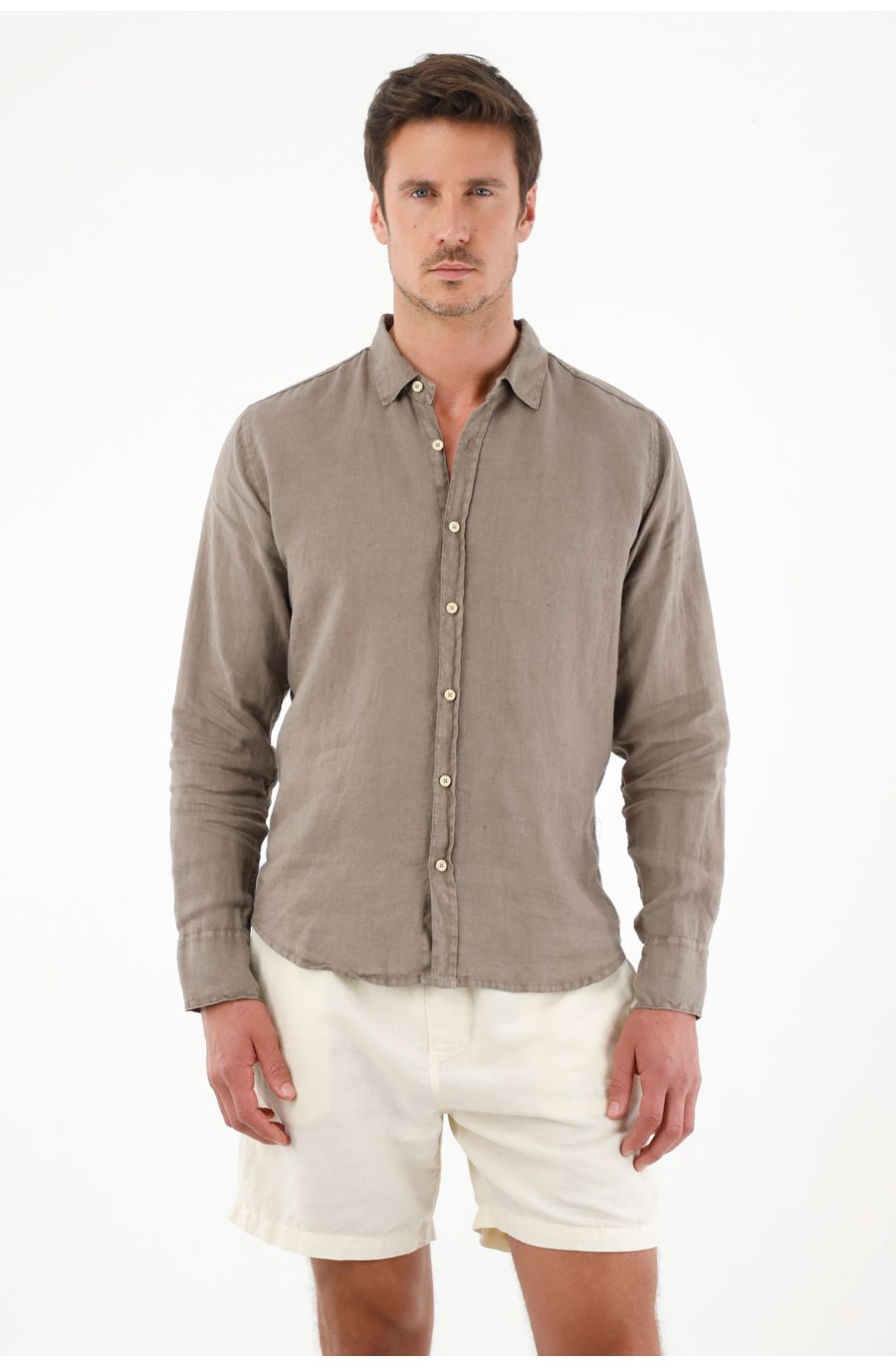 Camisa café 100% lino para hombre