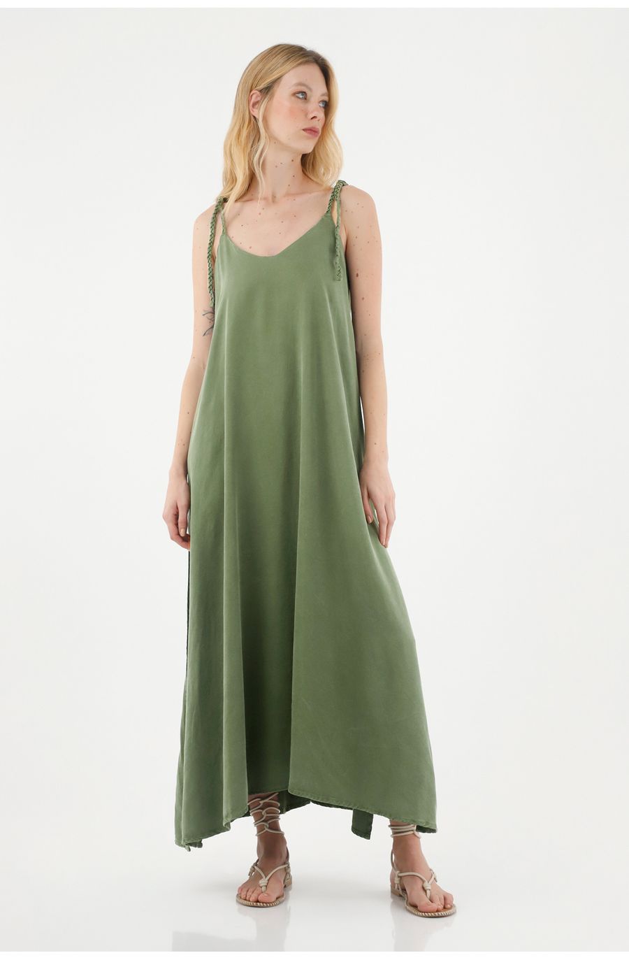 Vestido largo con escote en V verde para mujer