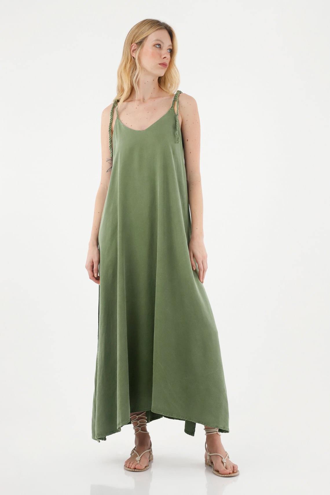 Vestido largo con escote en V verde para mujer