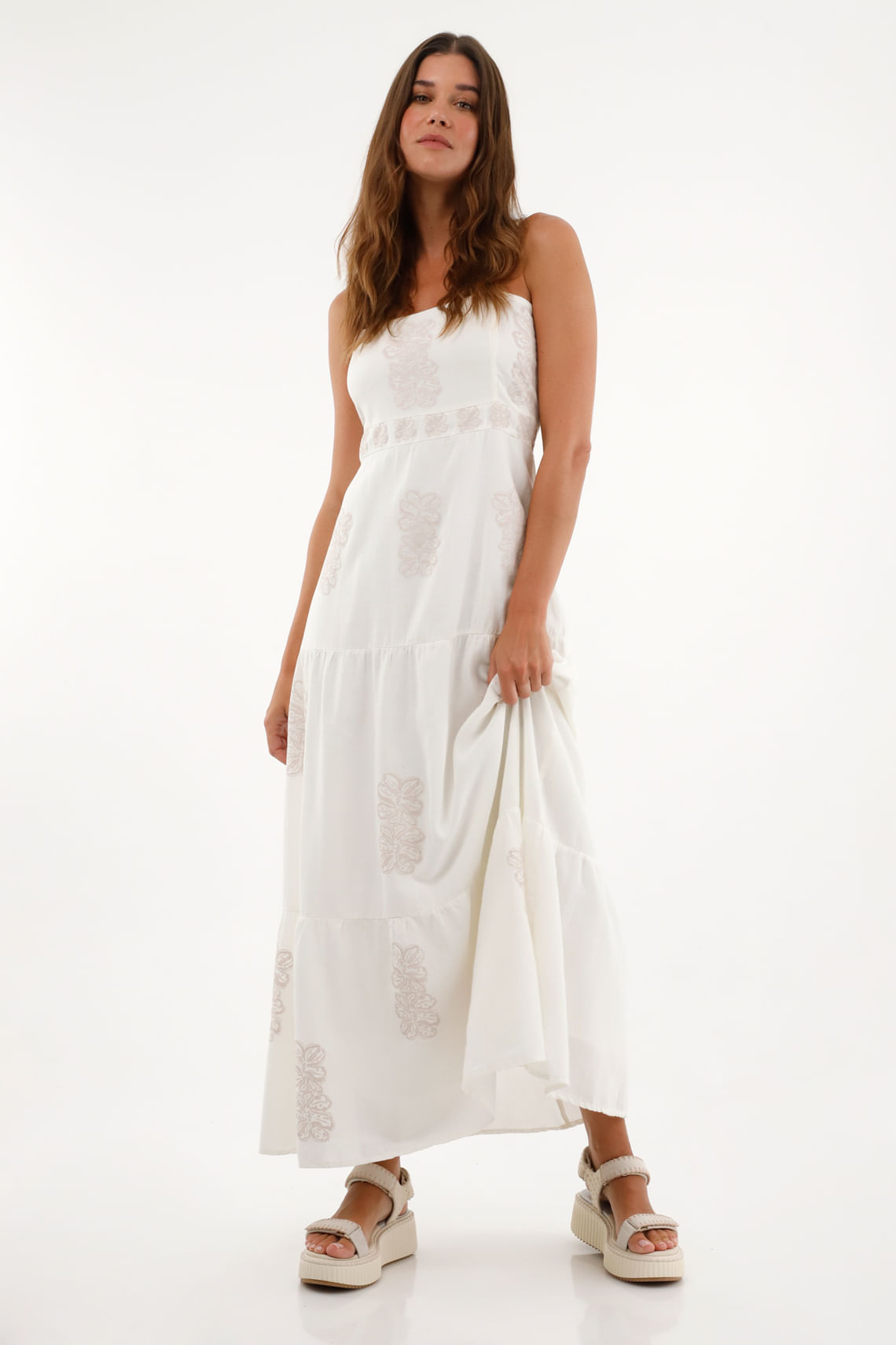 Vestido largo crudo con estampado especial para mujer