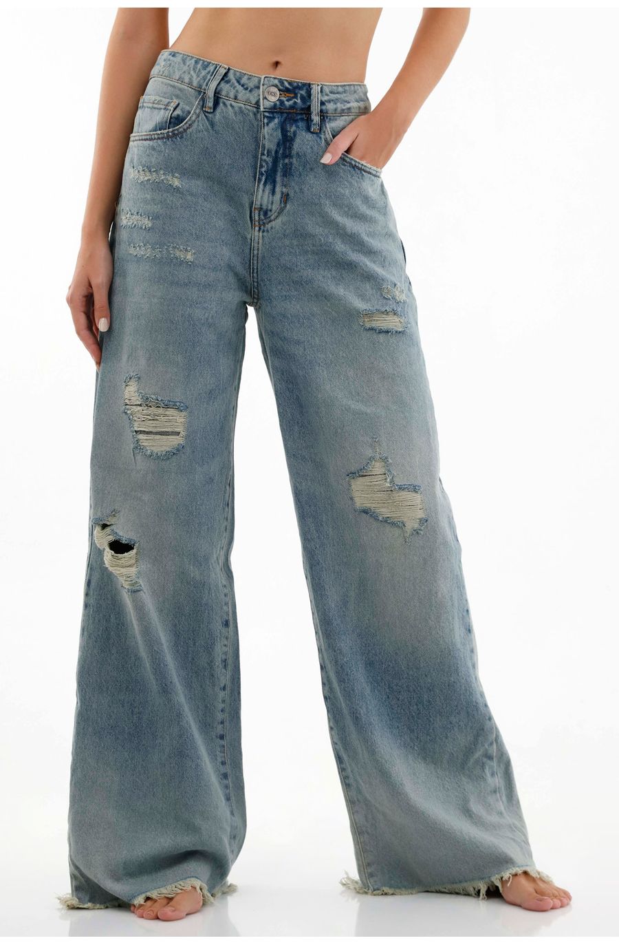 Jean azul wide leg con rotos para mujer
