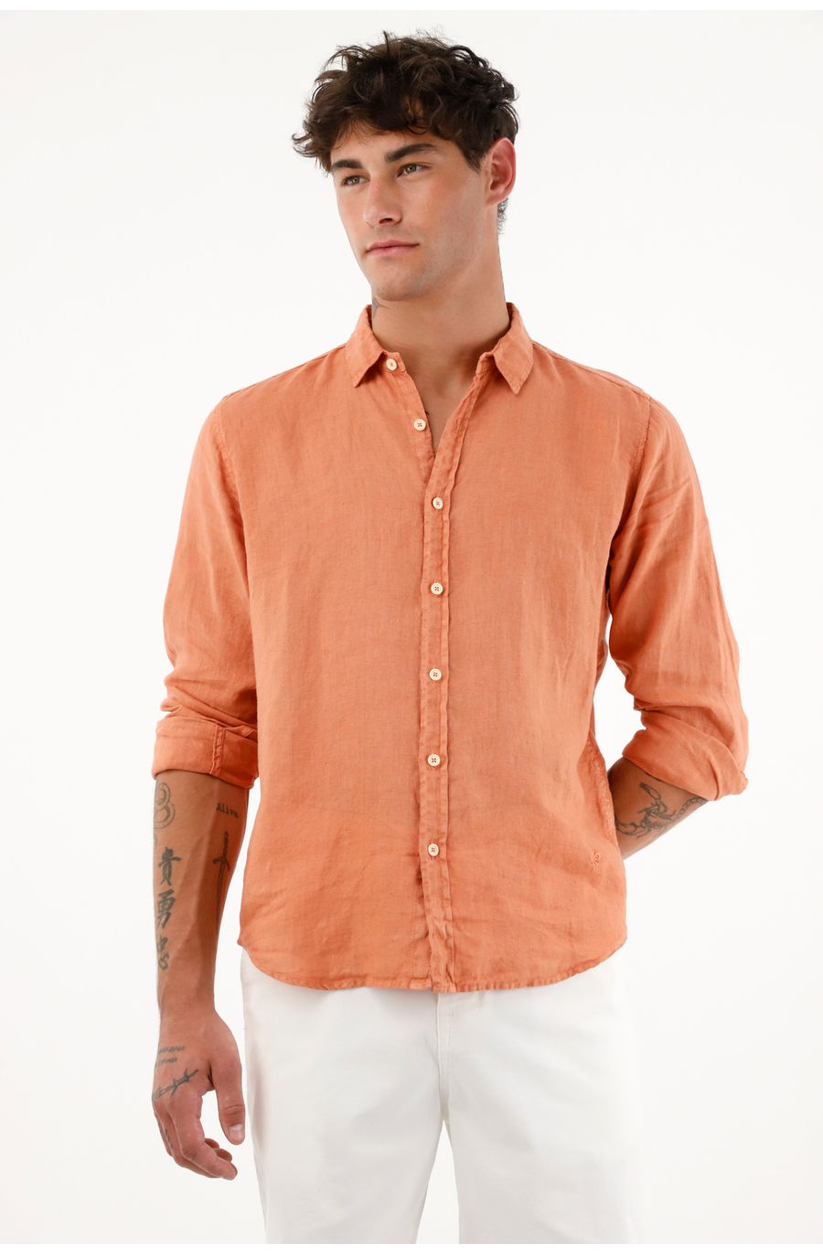 Camisa manga larga naranja 100% lino para hombre