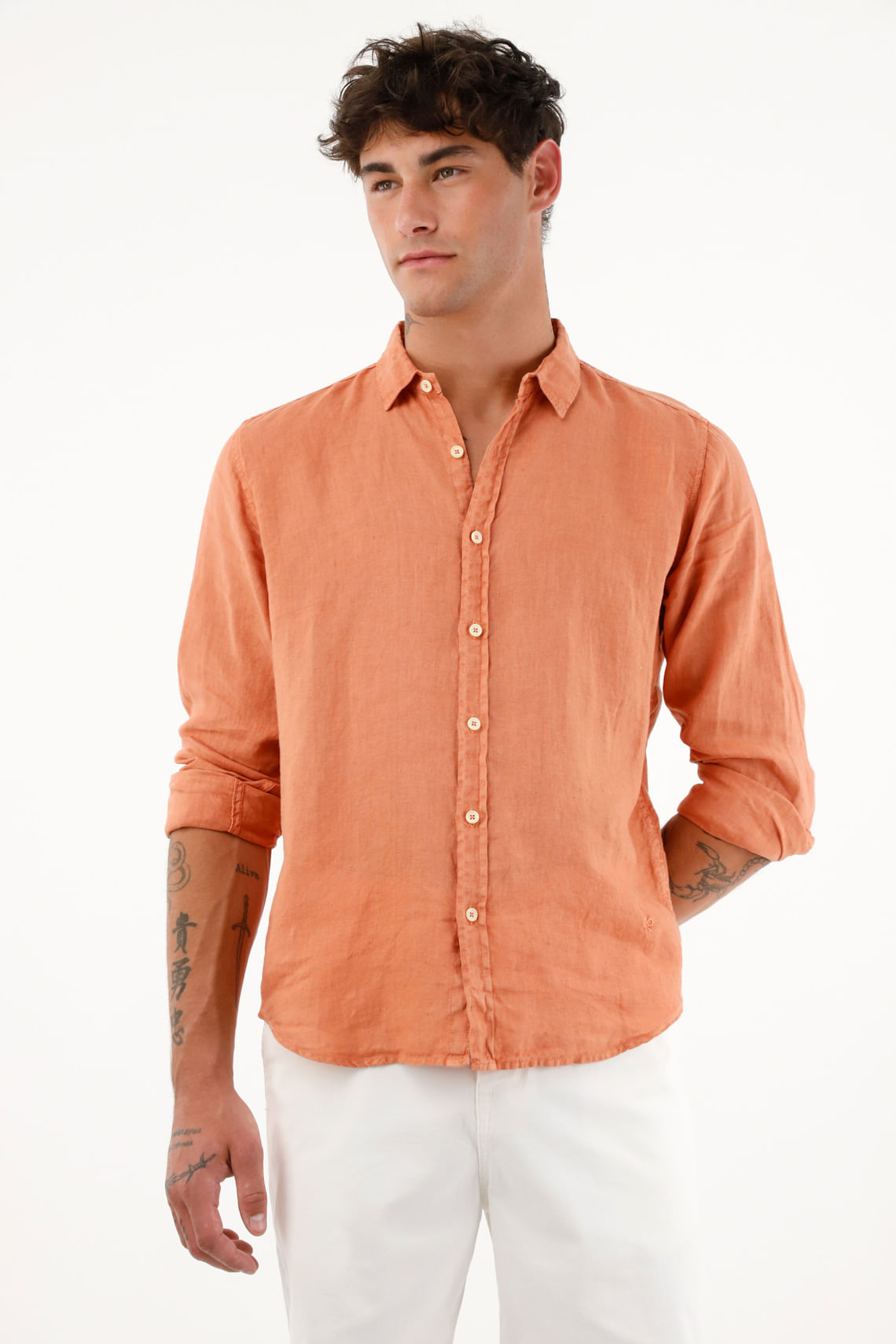 Camisa manga larga naranja 100% lino para hombre