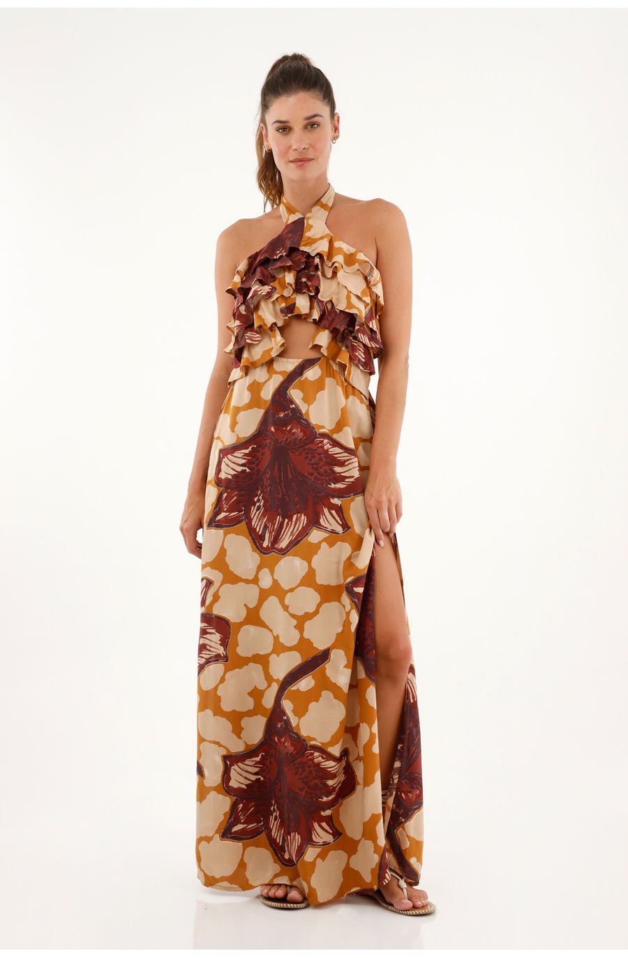 Vestido largo estampado cuello halter para mujer