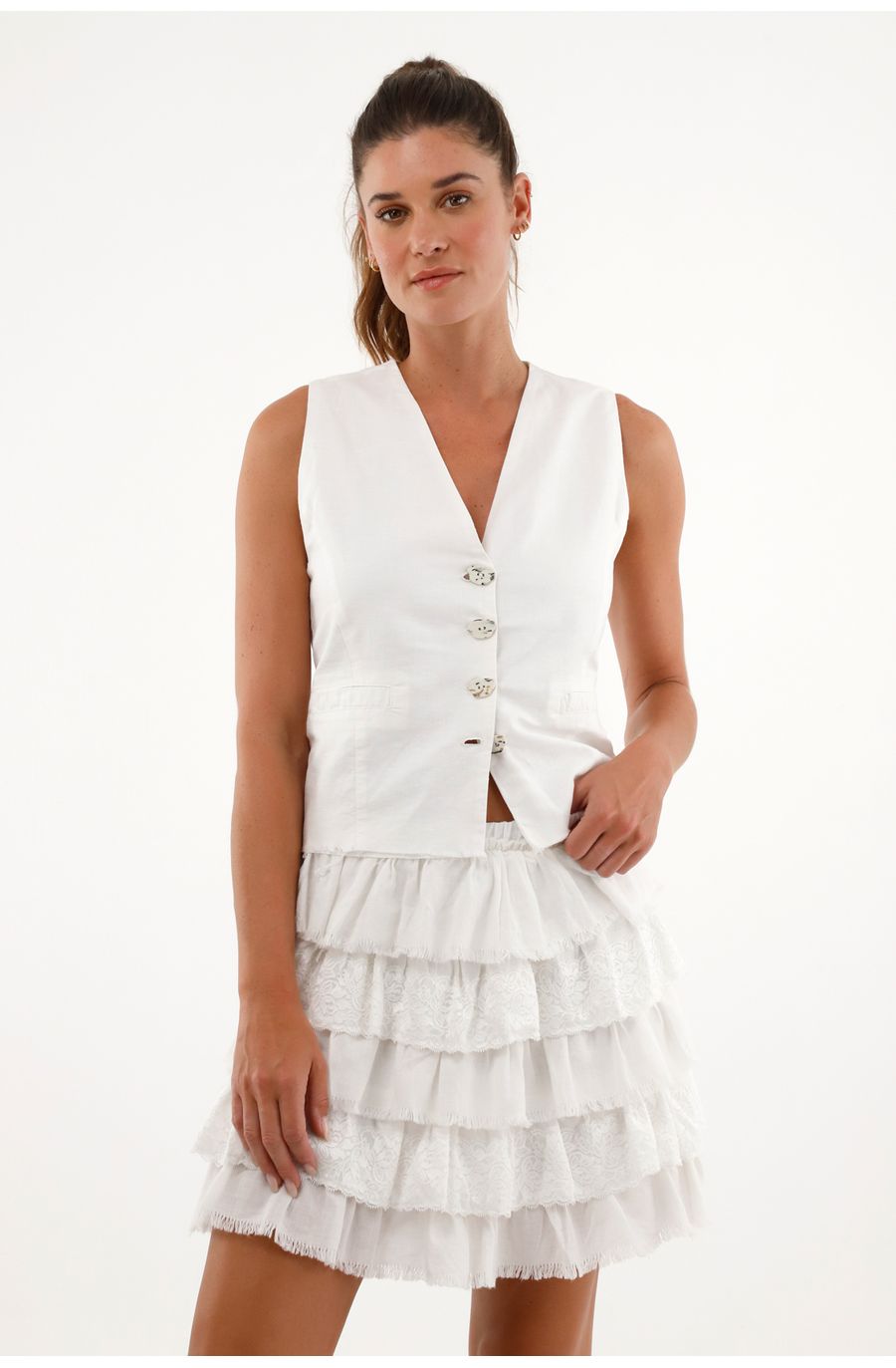 Chaleco largo crudo con botones para mujer