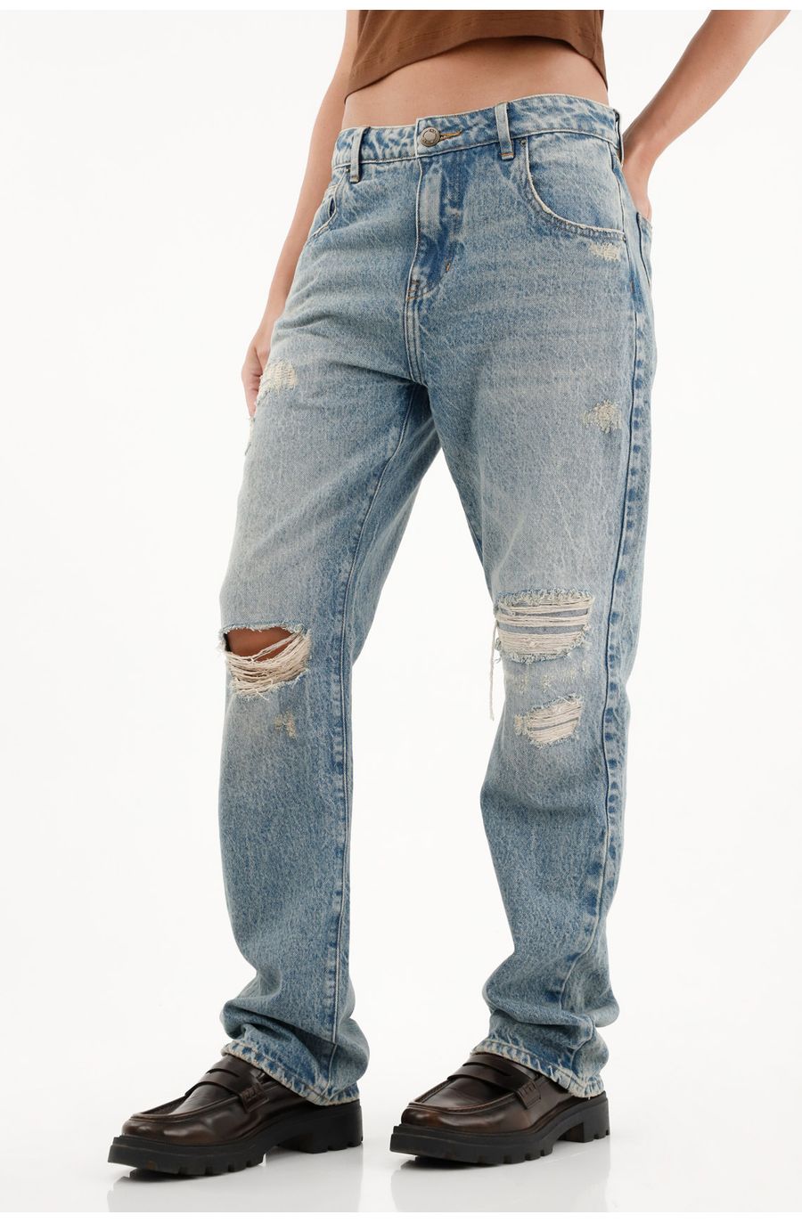 Jean Recto tiro alto con rotos para mujer