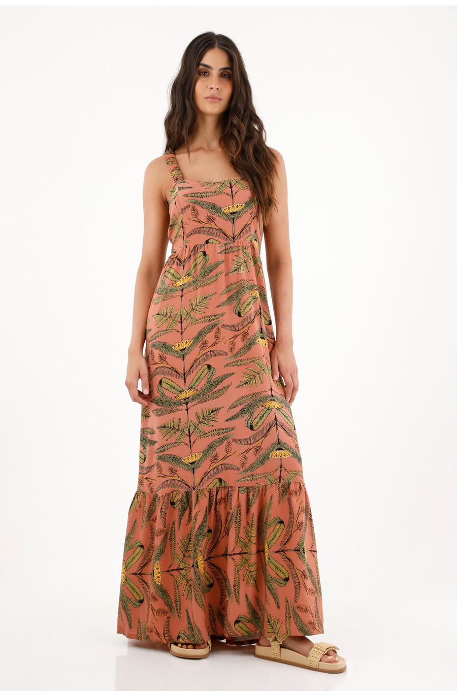 Vestido largo estampado con escote recto para mujer