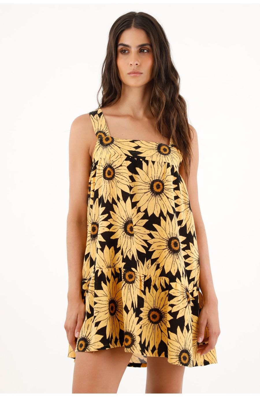 Vestido corto con estampado de girasoles para mujer