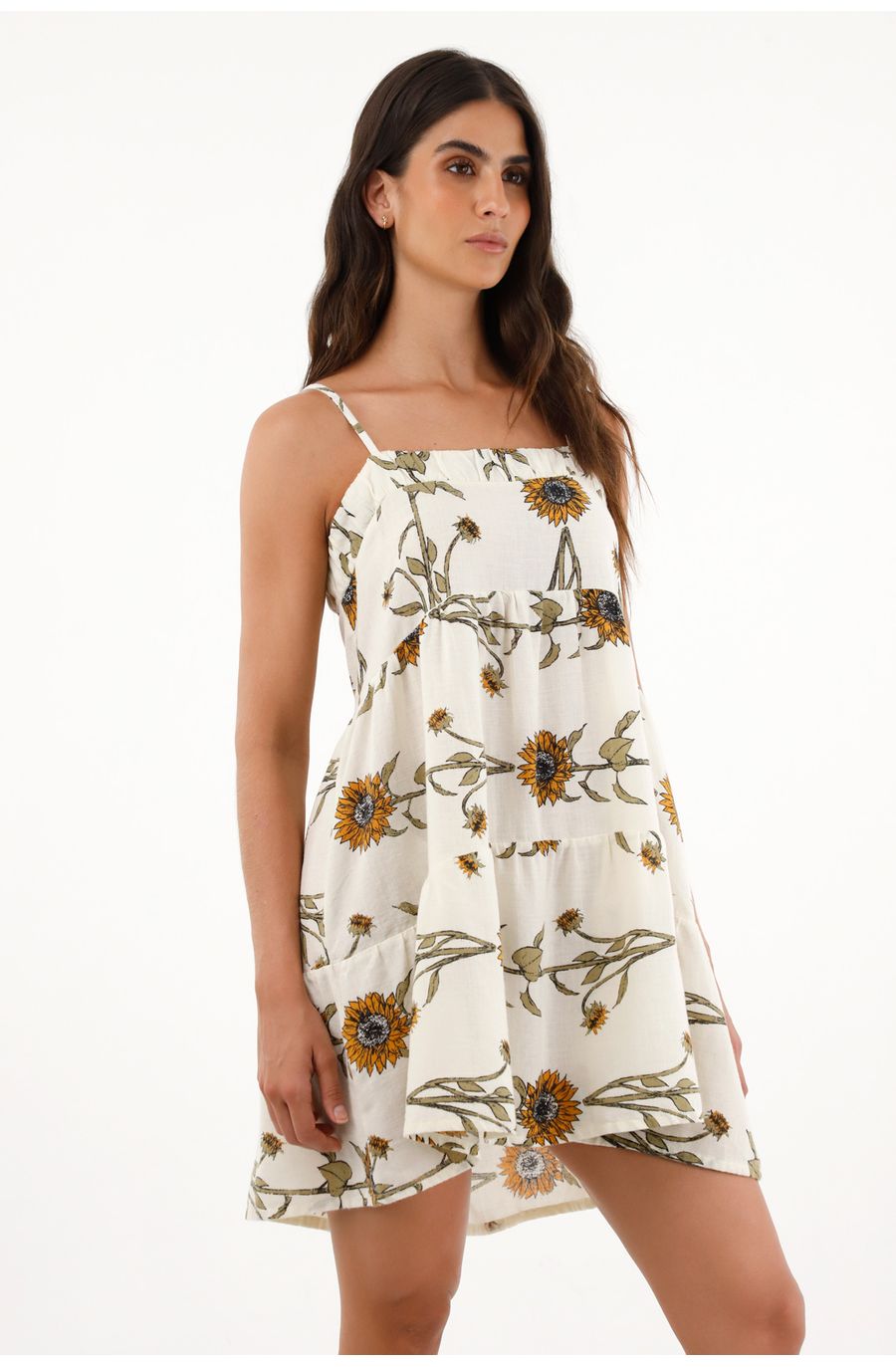Vestido crudo corto con estampado de girasoles para mujer