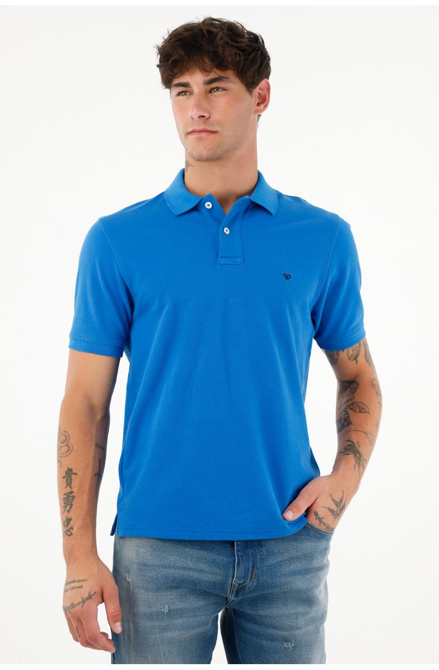 Polo azul con raqueta bordada para hombre
