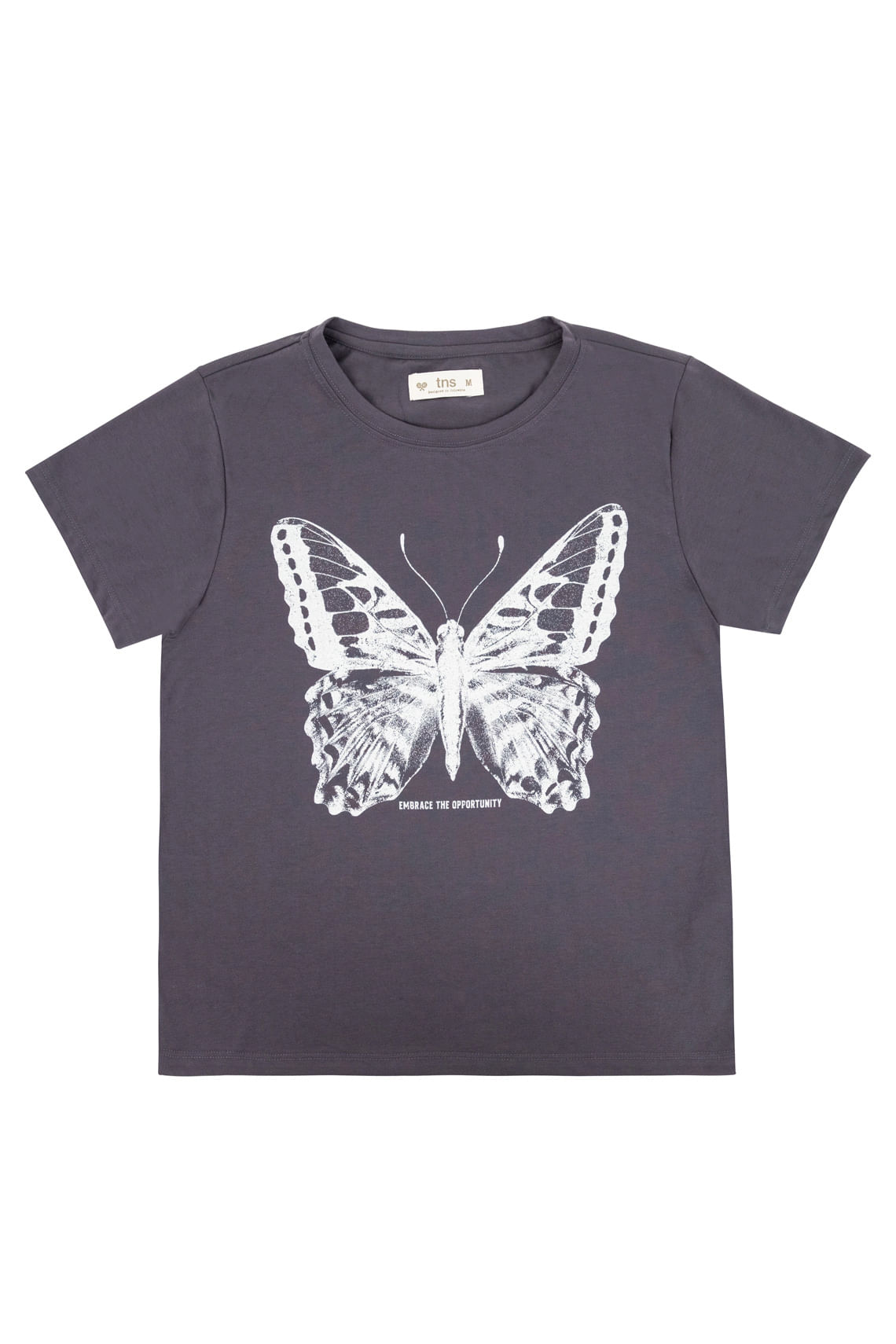 Camiseta gris con estampado de mariposa para mujer