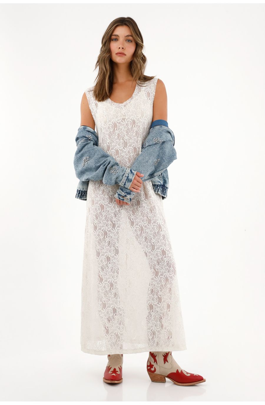 Vestido largo en encaje para mujer