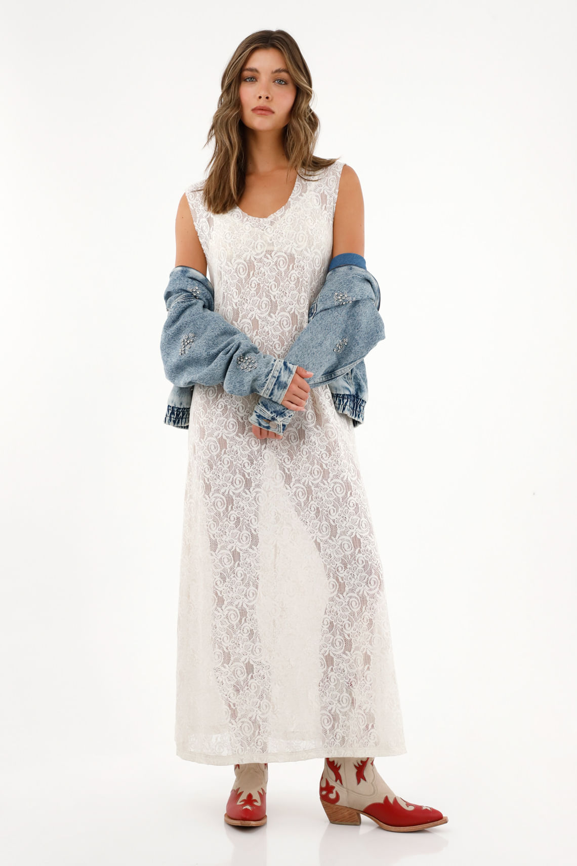 Vestido largo en encaje para mujer