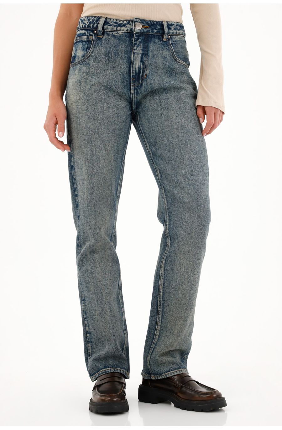 Jean Recto tiro alto azul oscuro para mujer