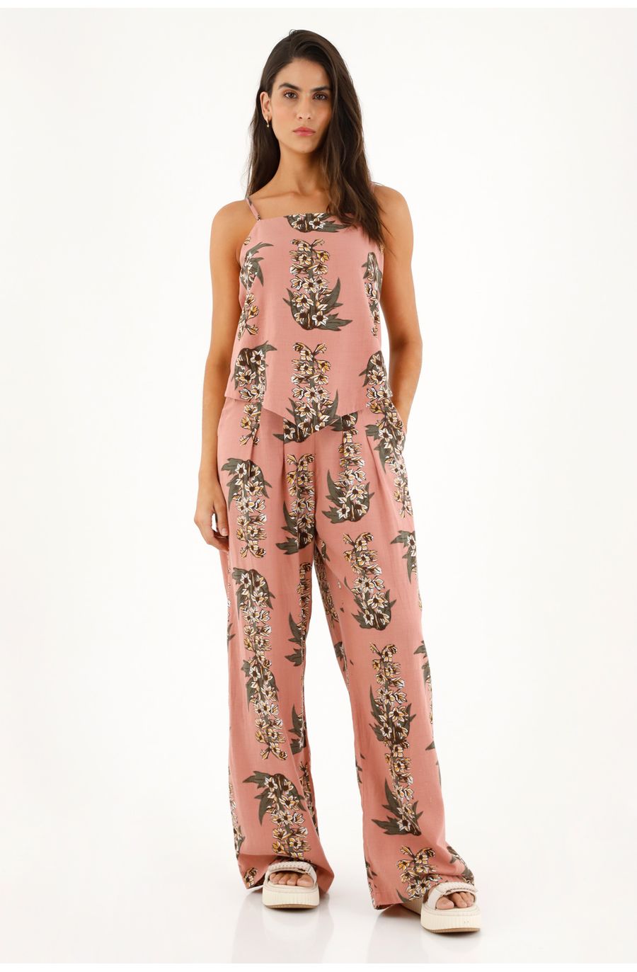 Pantalón rosado tiro alto con estampado de flores para mujer