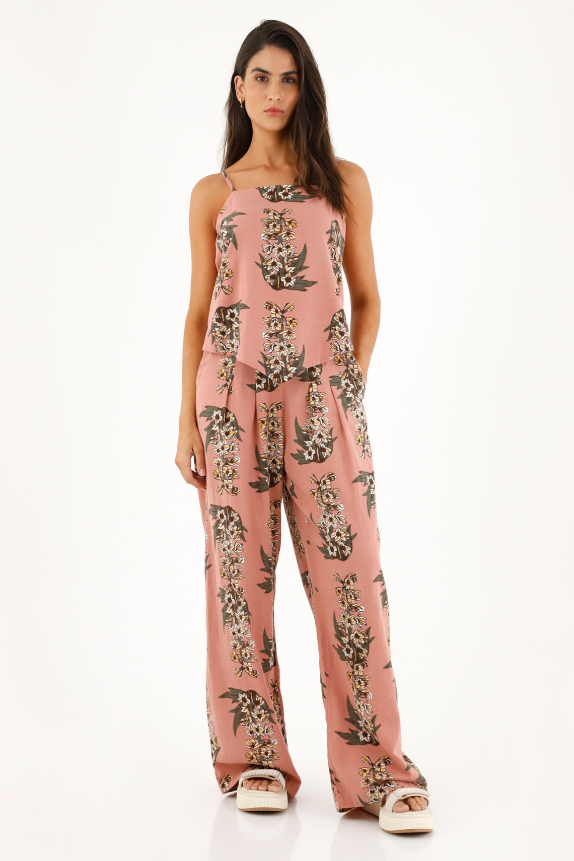 Pantalón rosado tiro alto con estampado de flores para mujer