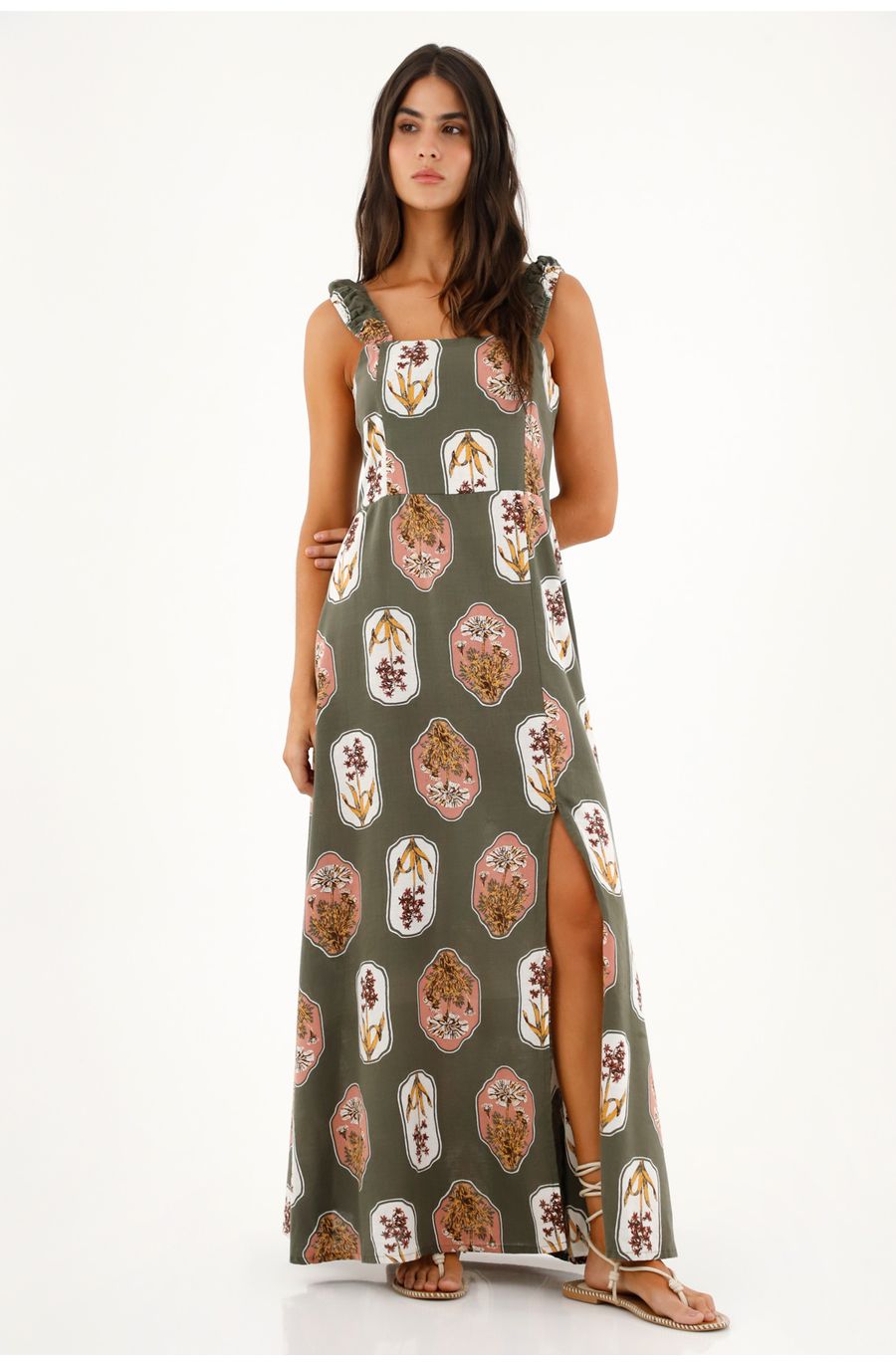 Vestido largo de escote recto estampado para mujer