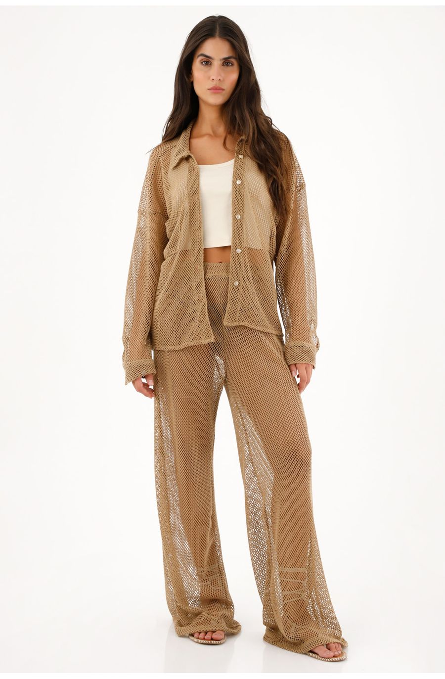 Pantalón crudo tiro alto tipo malla para mujer