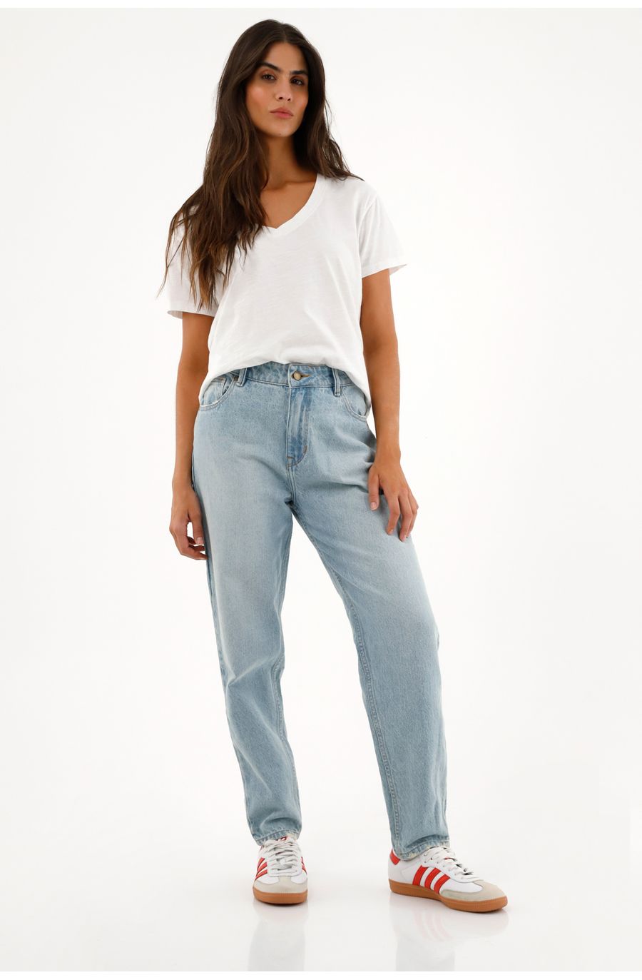 Jean Mom tiro alto azul claro para mujer