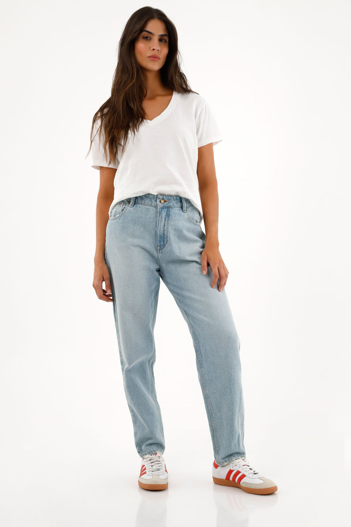 Jean Mom tiro alto azul claro para mujer
