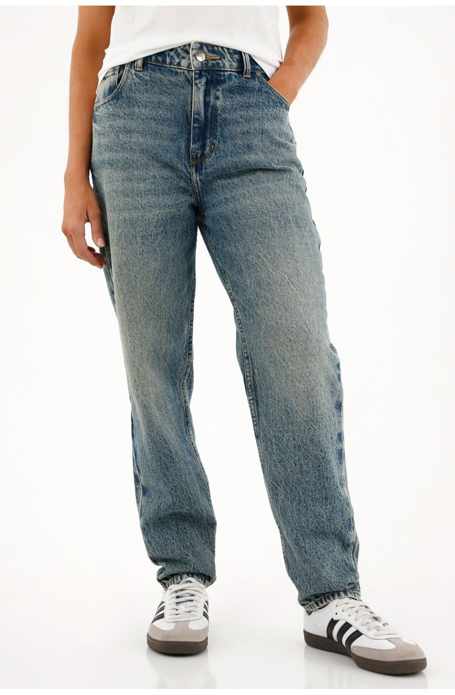 Jean Mom tiro alto azul para mujer