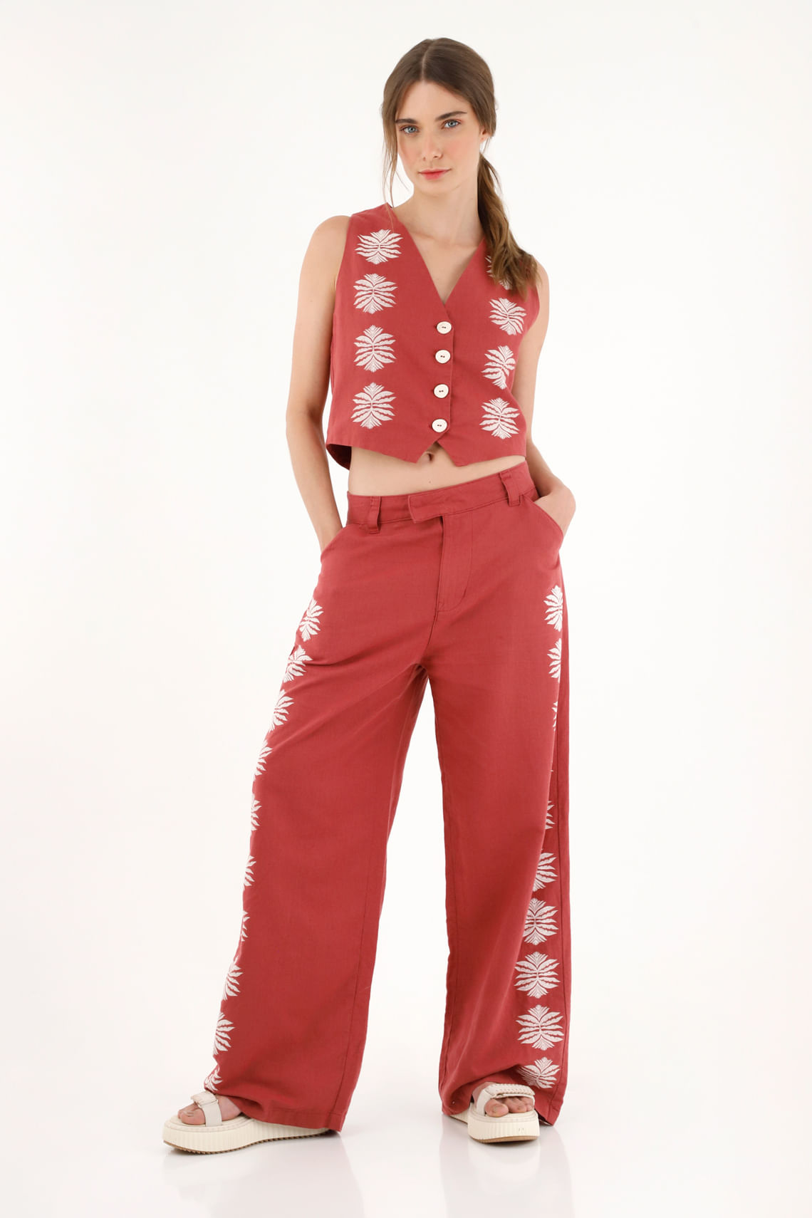 Pantalón Recto con manualidad rojo para mujer
