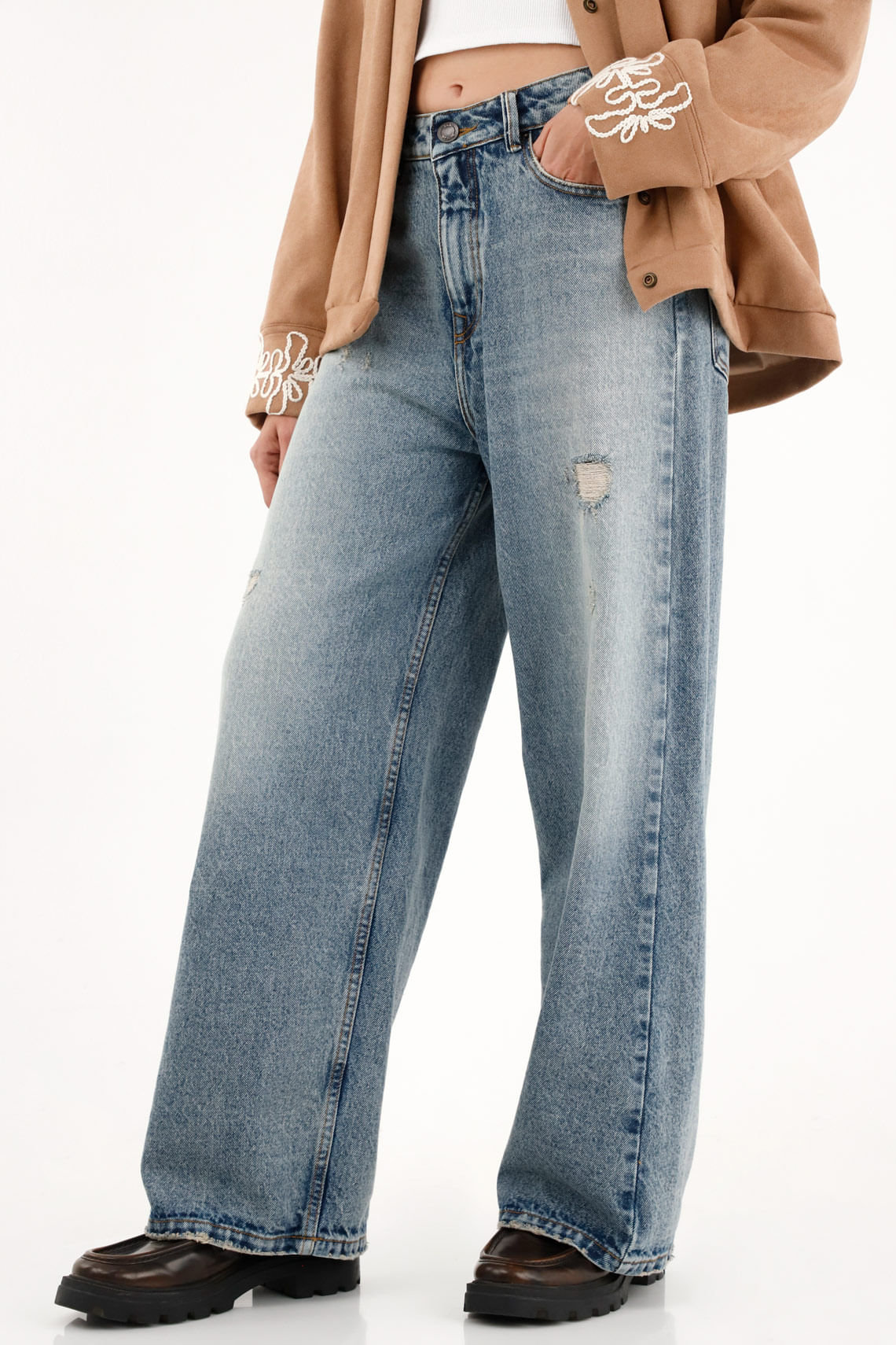 Jean Wide Leg tiro alto con rotos localizados para mujer