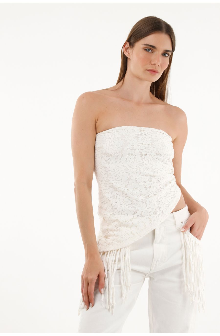 Camisa strapless tipo encaje para mujer
